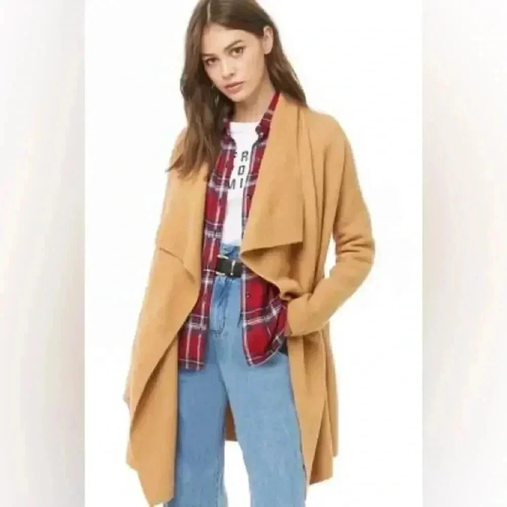Forever 21 Drape Front Duster Cardigan in Camel Size Large EUC